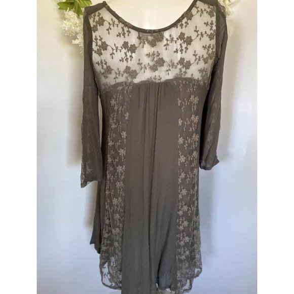 World Market Grey Mini Flare Dress Tunic Women S/M Lace Accents Long Sleeve Vtg - Picture 13 of 16